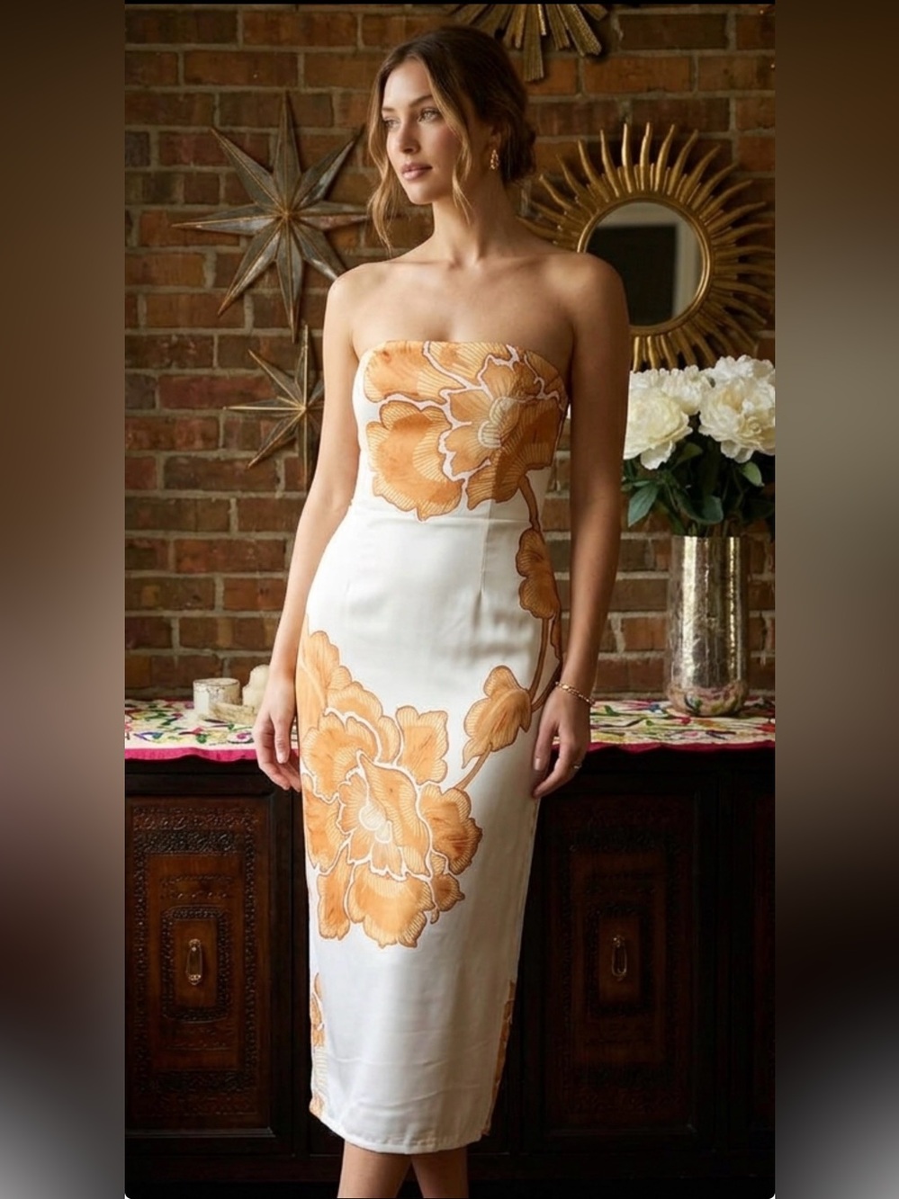 Cream & Orange Floral Strapless Dress - Picture 1 of 9